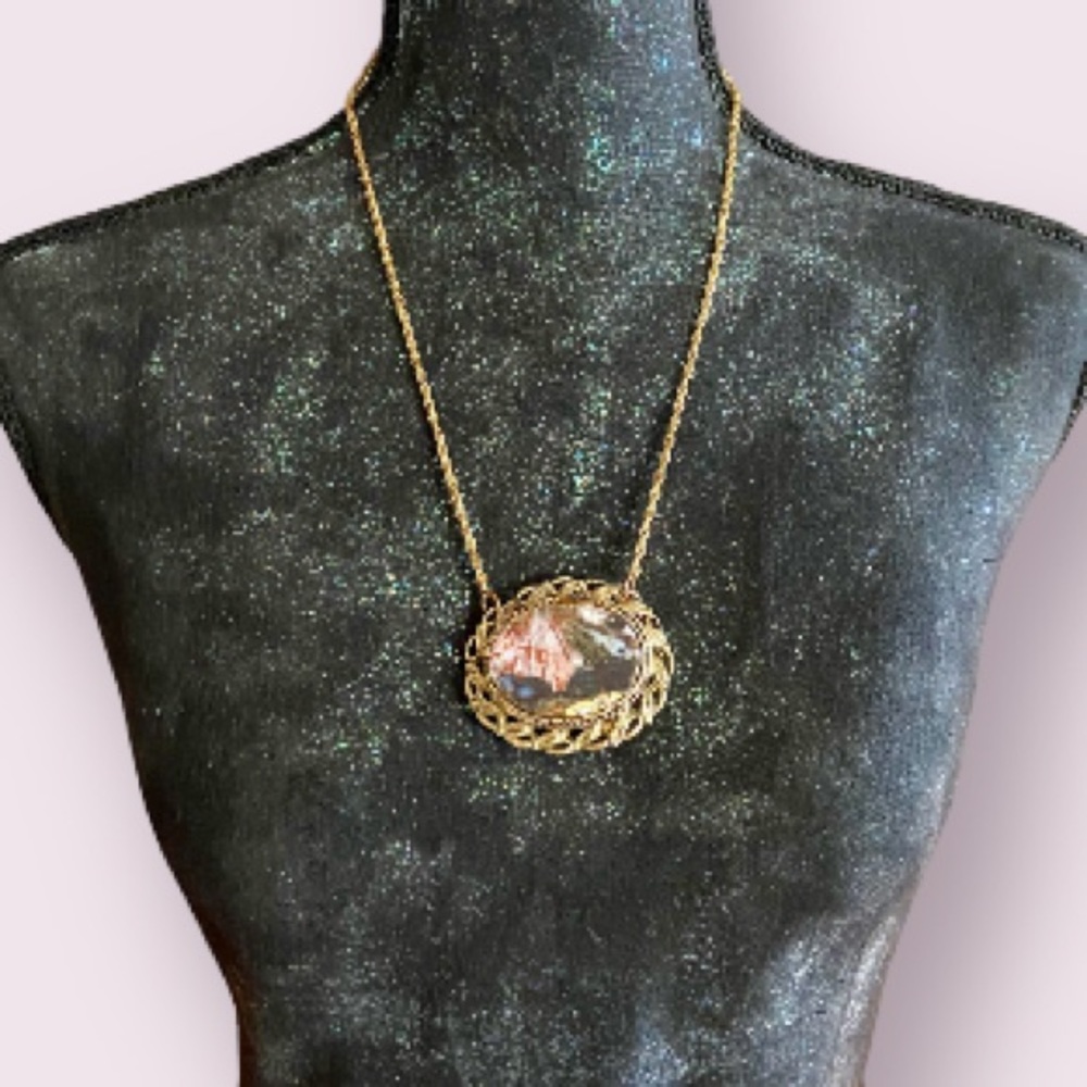Vintage Costume Jewelry Gold Tone Large
Natural Multi Color Jasper Necklace